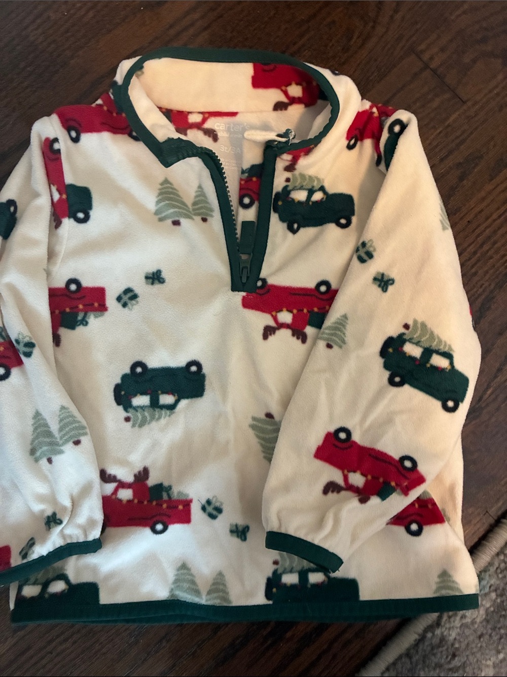 Carter's White Fleece Pullover with Red & Green Truck Print
